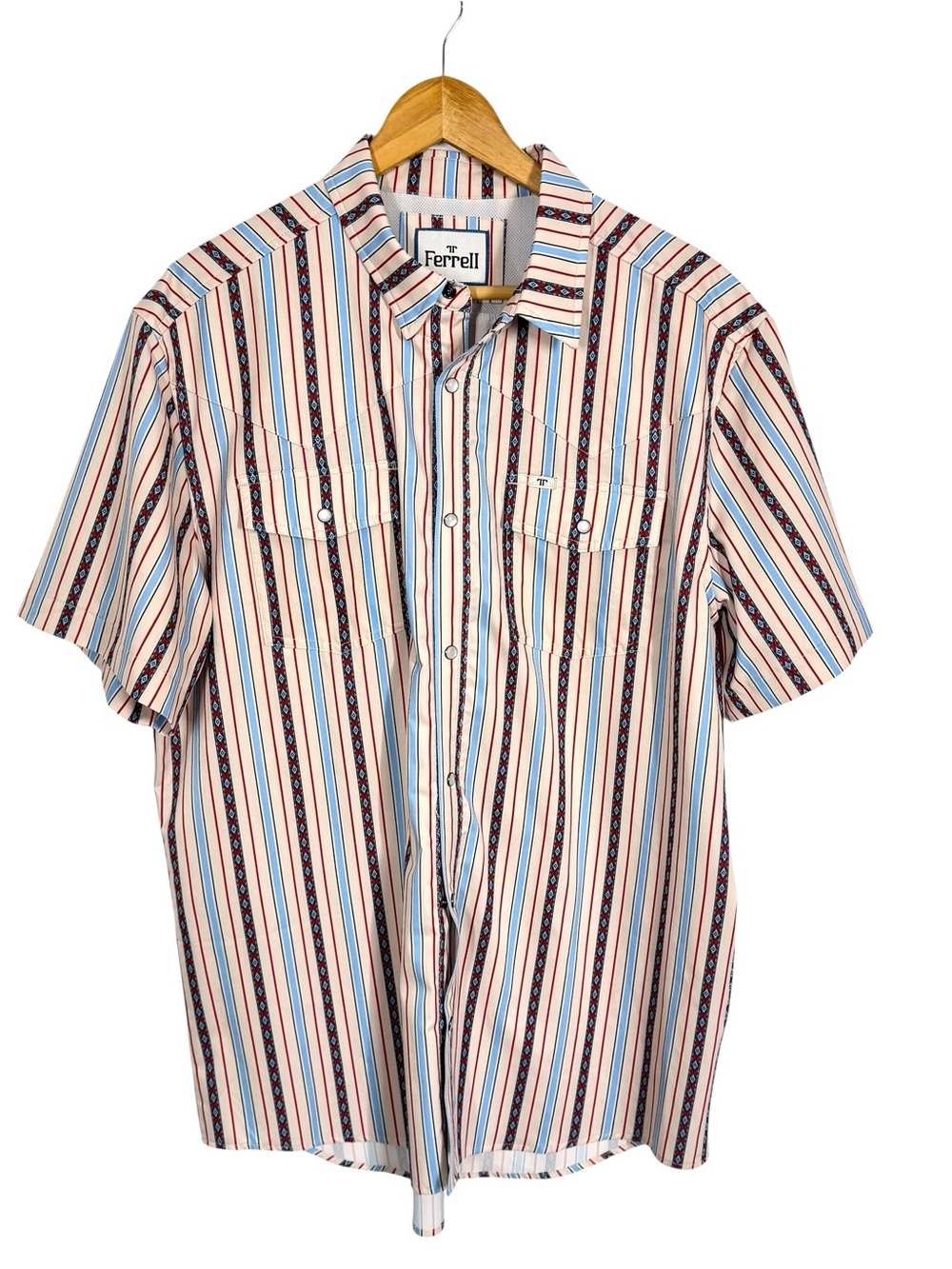 FERRELL The Edward Short Sleeve Pearl Snap Blue White Stripe Shirt Men’s Size XL